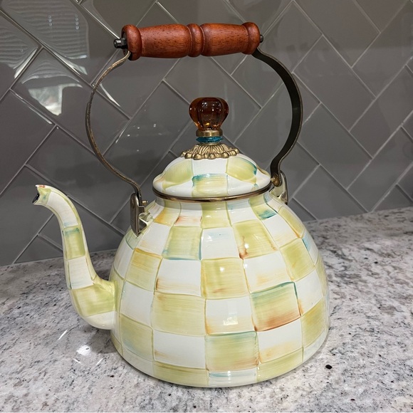 MacKENZIE CHILDS 3QT PARCHMENT CHECK TEA KETTLE - Picture 3 of 12